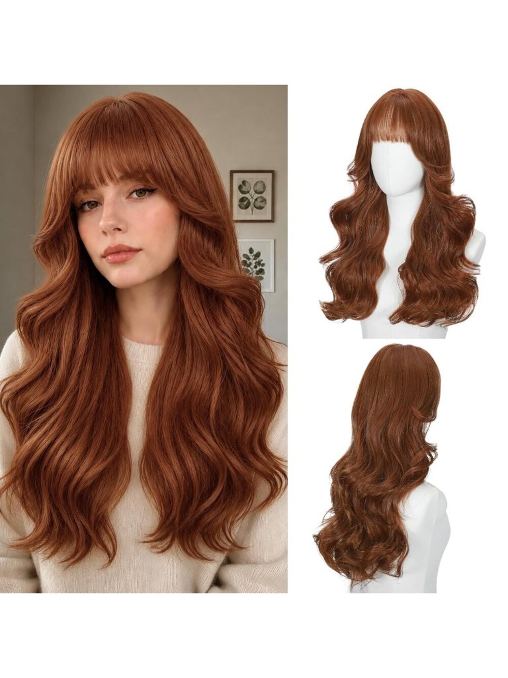 Women's Auburn 24 Inch Long Wavy Heat Resistant Synthetic Hair Wig Bangs